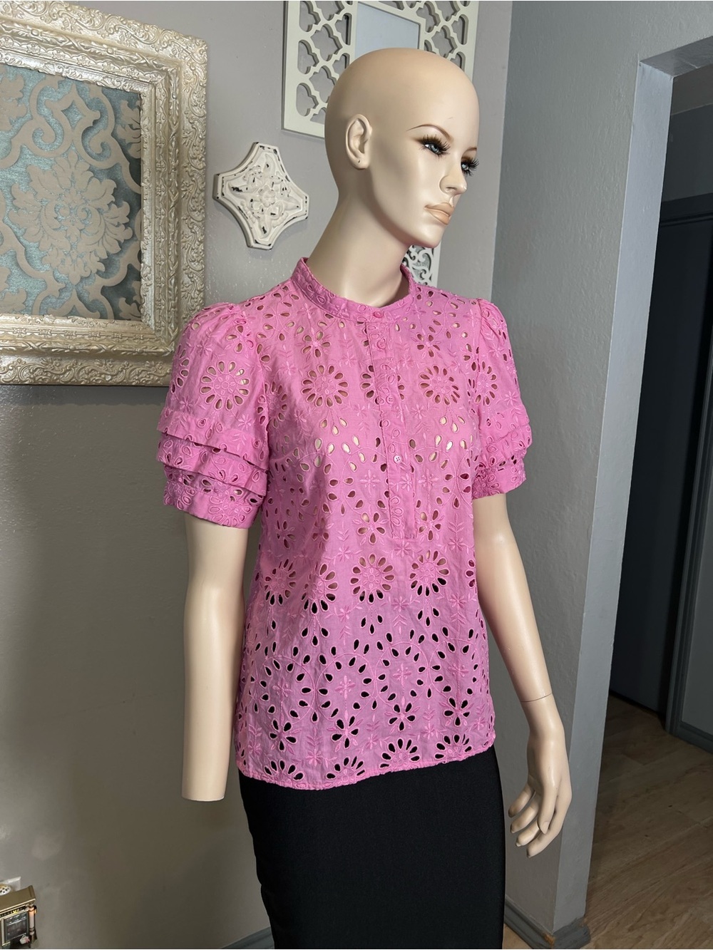 J. Crew Pink Eyelet Short puff Sleeve Blouse - Picture 5 of 13